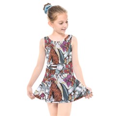 Natural seamless pattern with tiger blooming orchid Kids  Skater Dress Swimsuit