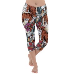 Natural seamless pattern with tiger blooming orchid Lightweight Velour Capri Yoga Leggings