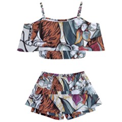 Natural seamless pattern with tiger blooming orchid Kids  Off Shoulder Skirt Bikini