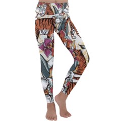 Natural seamless pattern with tiger blooming orchid Kids  Lightweight Velour Classic Yoga Leggings