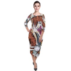 Natural seamless pattern with tiger blooming orchid Quarter Sleeve Midi Velour Bodycon Dress