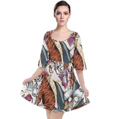 Natural seamless pattern with tiger blooming orchid Velour Kimono Dress