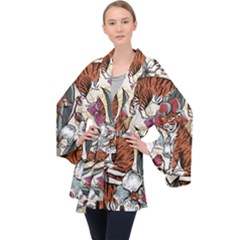 Natural seamless pattern with tiger blooming orchid Long Sleeve Velvet Kimono 