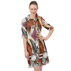 Natural seamless pattern with tiger blooming orchid Long Sleeve Mini Shirt Dress