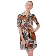 Natural seamless pattern with tiger blooming orchid Belted Shirt Dress