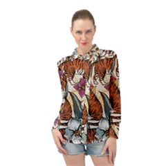 Natural seamless pattern with tiger blooming orchid Long Sleeve Chiffon Shirt
