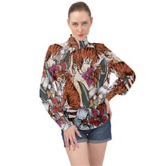 Natural seamless pattern with tiger blooming orchid High Neck Long Sleeve Chiffon Top