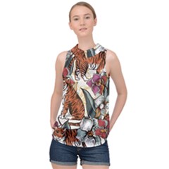 Natural seamless pattern with tiger blooming orchid High Neck Satin Top