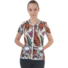 Natural seamless pattern with tiger blooming orchid Short Sleeve Zip Up Jacket