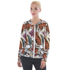 Natural seamless pattern with tiger blooming orchid Velour Zip Up Jacket