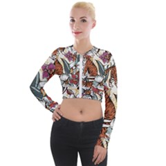 Natural seamless pattern with tiger blooming orchid Long Sleeve Cropped Velvet Jacket
