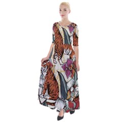 Natural seamless pattern with tiger blooming orchid Half Sleeves Maxi Dress