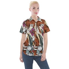 Natural seamless pattern with tiger blooming orchid Women s Short Sleeve Pocket Shirt