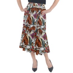 Natural seamless pattern with tiger blooming orchid Midi Mermaid Skirt