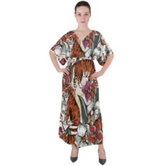 Natural seamless pattern with tiger blooming orchid V-Neck Boho Style Maxi Dress