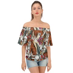 Natural seamless pattern with tiger blooming orchid Off Shoulder Short Sleeve Top