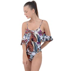 Natural seamless pattern with tiger blooming orchid Drape Piece Swimsuit