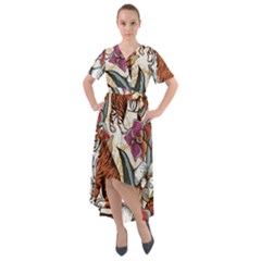 Natural seamless pattern with tiger blooming orchid Front Wrap High Low Dress