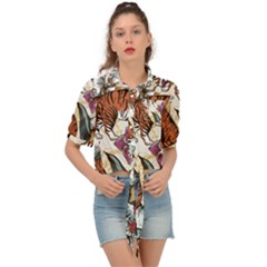 Natural seamless pattern with tiger blooming orchid Tie Front Shirt 