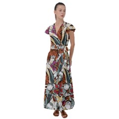 Natural seamless pattern with tiger blooming orchid Flutter Sleeve Maxi Dress