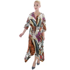 Natural seamless pattern with tiger blooming orchid Quarter Sleeve Wrap Front Maxi Dress