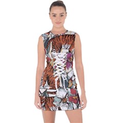 Natural Seamless Pattern With Tiger Blooming Orchid Lace Up Front Bodycon Dress