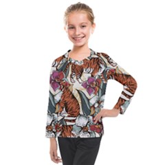 Natural seamless pattern with tiger blooming orchid Kids  Long Mesh Tee
