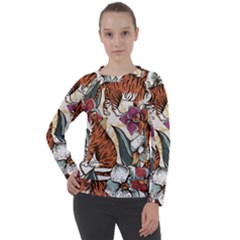 Natural seamless pattern with tiger blooming orchid Women s Long Sleeve Raglan Tee