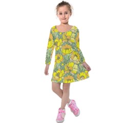 Seamless Pattern With Graphic Spring Flowers Kids  Long Sleeve Velvet Dress