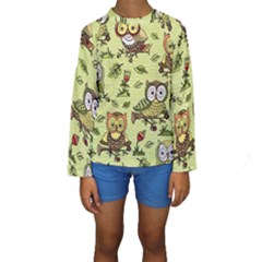 Seamless Pattern With Flowers Owls Kids  Long Sleeve Swimwear