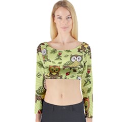 Seamless Pattern With Flowers Owls Long Sleeve Crop Top