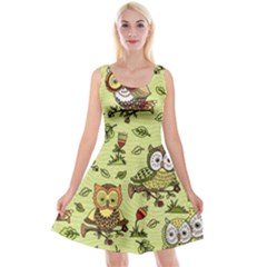 Seamless Pattern With Flowers Owls Reversible Velvet Sleeveless Dress