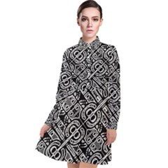 Linear Black And White Ethnic Print Long Sleeve Chiffon Shirt Dress by dflcprintsclothing