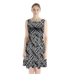 Linear Black And White Ethnic Print Sleeveless Waist Tie Chiffon Dress by dflcprintsclothing