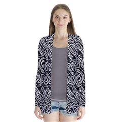 Linear Black And White Ethnic Print Drape Collar Cardigan by dflcprintsclothing
