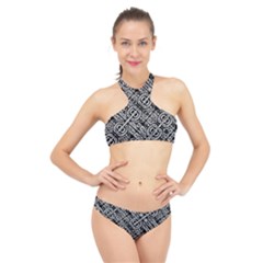 Linear Black And White Ethnic Print High Neck Bikini Set by dflcprintsclothing