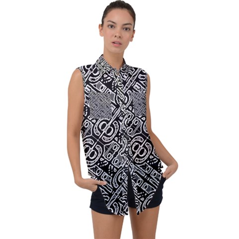 Linear Black And White Ethnic Print Sleeveless Chiffon Button Shirt by dflcprintsclothing