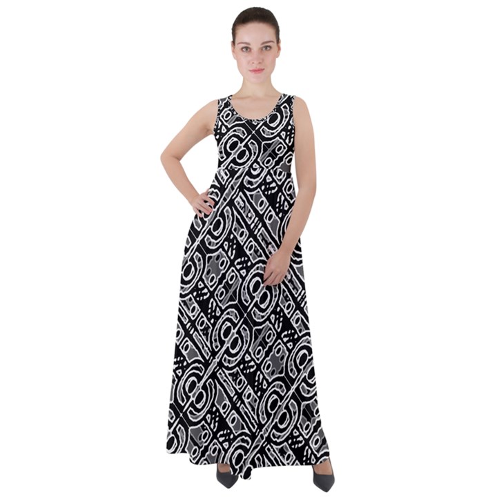 Linear Black And White Ethnic Print Empire Waist Velour Maxi Dress