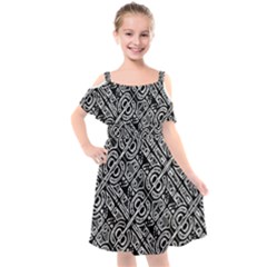 Linear Black And White Ethnic Print Kids  Cut Out Shoulders Chiffon Dress by dflcprintsclothing