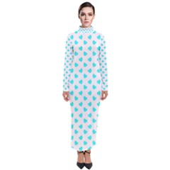 White Light Blue Hearts Pattern, Pastel Sky Blue Color Turtleneck Maxi Dress by Casemiro