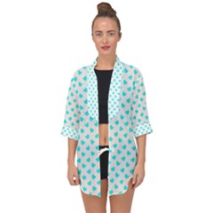 White Light Blue Hearts Pattern, Pastel Sky Blue Color Open Front Chiffon Kimono by Casemiro