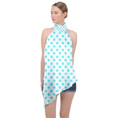 White Light Blue Hearts Pattern, Pastel Sky Blue Color Halter Asymmetric Satin Top by Casemiro