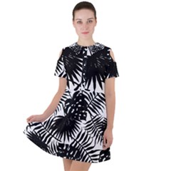 Black And White Tropical Leafs Pattern, Vector Image Short Sleeve Shoulder Cut Out Dress  by Casemiro