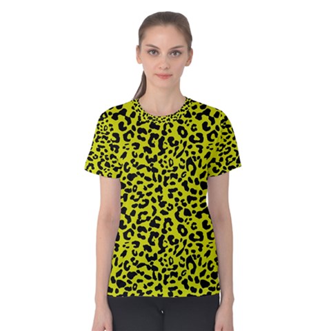 Leopard Spots Pattern, Yellow And Black Animal Fur Print, Wild Cat Theme Women s Cotton Tee by Casemiro