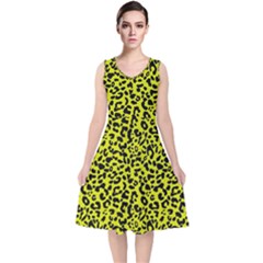 Leopard Spots Pattern, Yellow And Black Animal Fur Print, Wild Cat Theme V-neck Midi Sleeveless Dress  by Casemiro