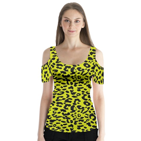 Leopard Spots Pattern, Yellow And Black Animal Fur Print, Wild Cat Theme Butterfly Sleeve Cutout Tee  by Casemiro