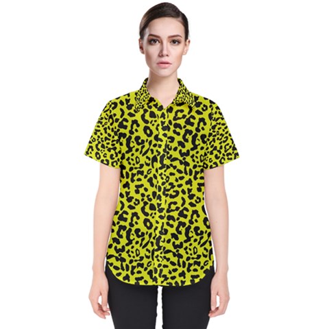 Leopard Spots Pattern, Yellow And Black Animal Fur Print, Wild Cat Theme Women s Short Sleeve Shirt by Casemiro