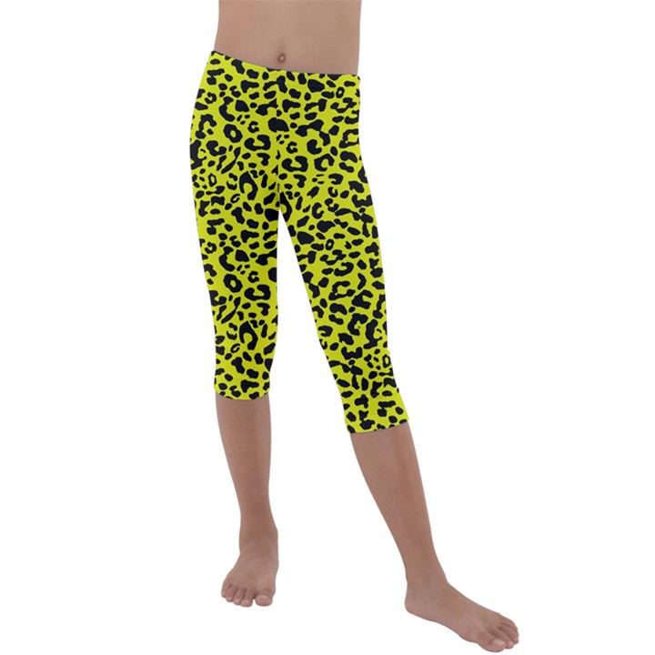Leopard spots pattern, yellow and black animal fur print, wild cat theme Kids  Lightweight Velour Capri Leggings 