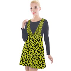 Leopard Spots Pattern, Yellow And Black Animal Fur Print, Wild Cat Theme Plunge Pinafore Velour Dress by Casemiro