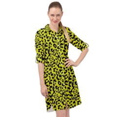 Leopard Spots Pattern, Yellow And Black Animal Fur Print, Wild Cat Theme Long Sleeve Mini Shirt Dress by Casemiro